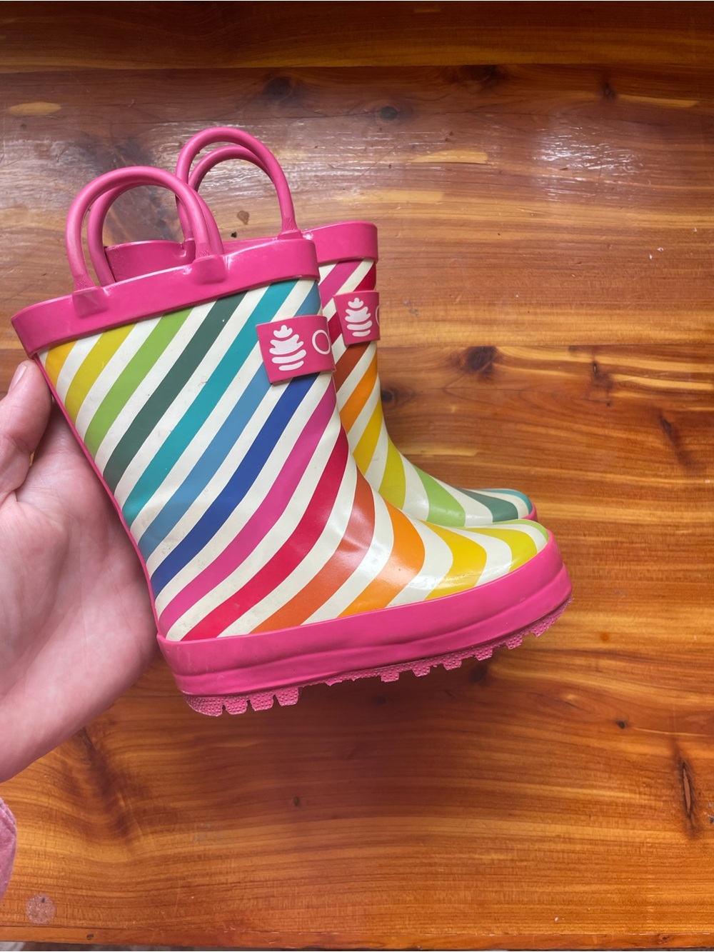 Rainbow Stripe Oaki Rain Boots with Pink Trim